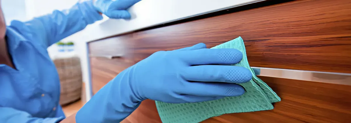 Cleaner wearing blue gloves wiping a wooden cabinet drawer with a microfiber cloth for dust and grime removal, Stockton, CA.