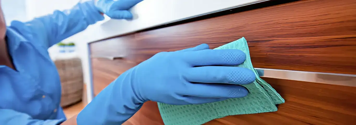 Cleaner wearing blue gloves wiping a wooden cabinet drawer with a microfiber cloth for dust and grime removal, Stockton, CA.