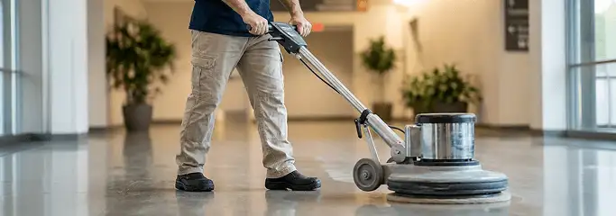 Professional technician using an industrial floor buffer to polish and maintain shiny commercial flooring in a corporate hallway in Stockton, CA.