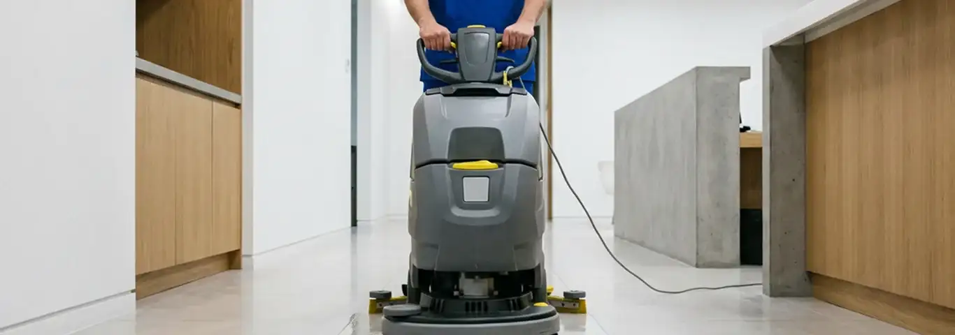 Janitorial staff using a floor scrubber machine to clean a commercial hallway, Stockton, CA.