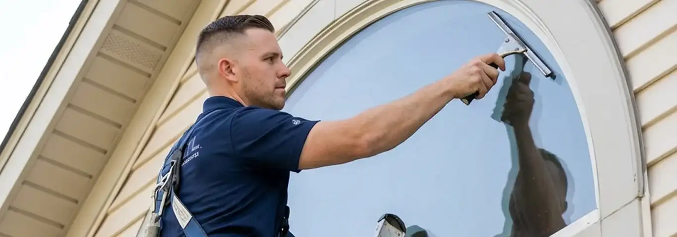 Professional window cleaner using a squeegee to clean an exterior arched window on a home, Stockton, CA.