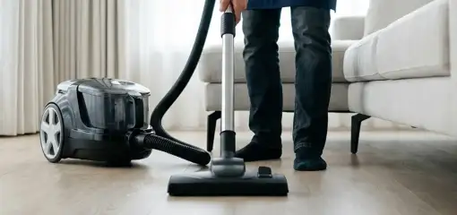 Professional house cleaner vacuuming a living room floor with a canister vacuum cleaner, Stockton, CA.