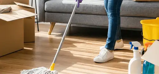Move-out cleaning setup with a cleaner mopping hardwood floors near moving boxes and cleaning supplies, Stockton, CA.