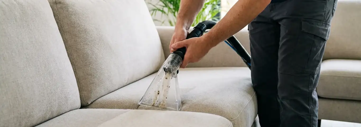 Technician extracting dirt and moisture from a fabric sofa with an upholstery cleaning wand, Stockton, CA.