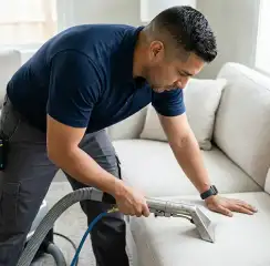 Professional upholstery cleaning technician using an extraction wand to deep-clean a fabric sofa, Stockton, CA.