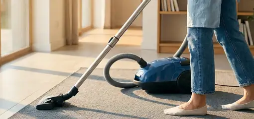 Person vacuuming a living room rug with a canister vacuum cleaner near large windows, Stockton, CA.